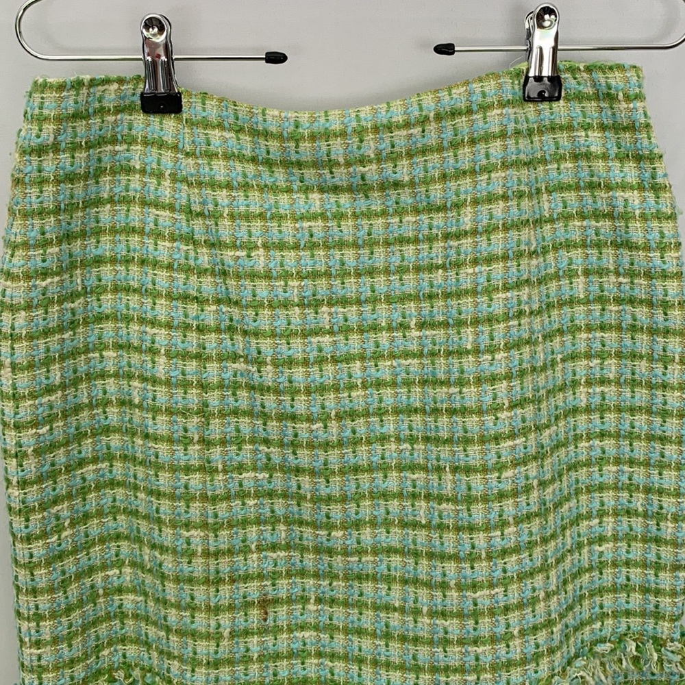 Worth Plaid Tweed Lime Green and Baby Blue Ruffle Mini Skirt Clueless Size 4 - Picture 2 of 10